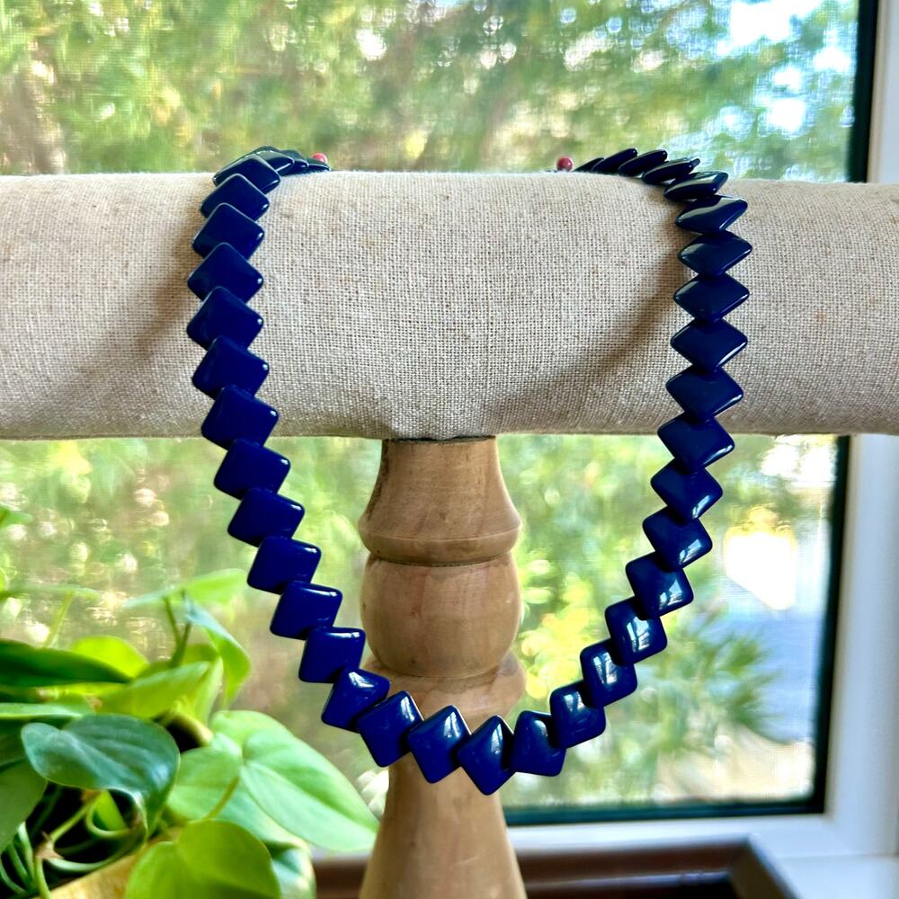 Vintage Navy Blue Square Beaded Trifari Necklace 16 Inch